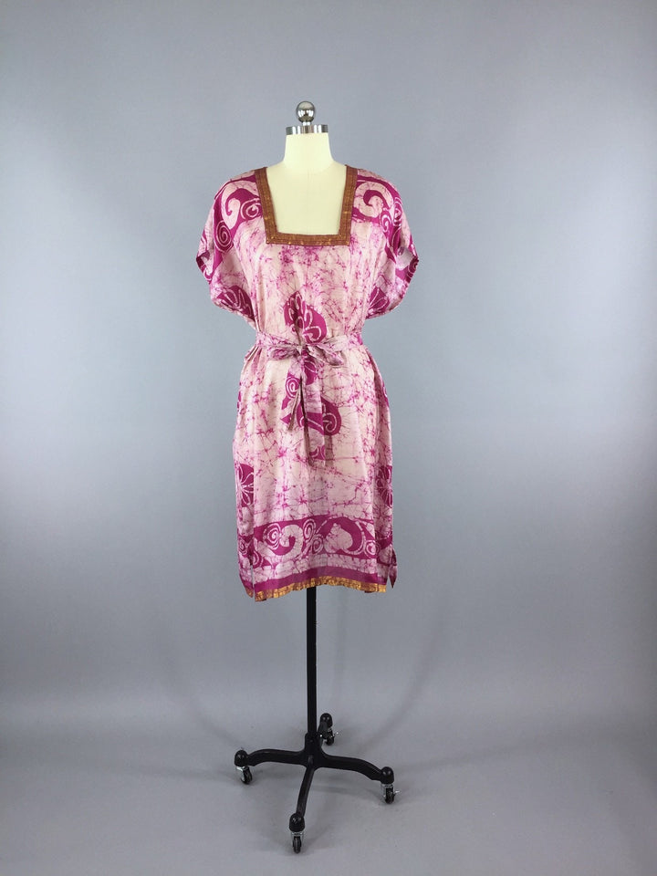 Silk Kaftan Dress / Vintage Indian Sari / Pink Batik Tie Dye - ThisBlueBird