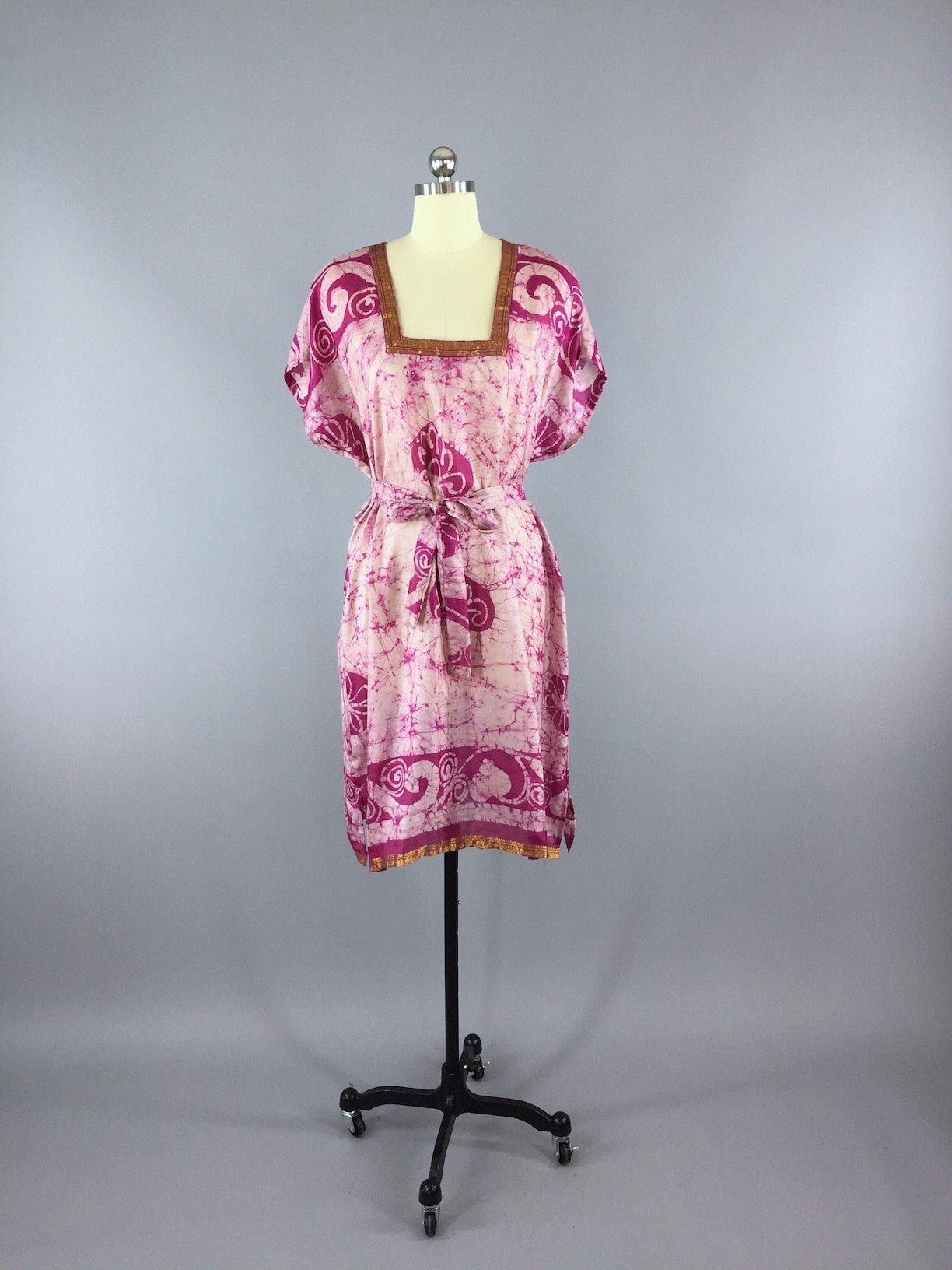 Silk Kaftan Dress / Vintage Indian Sari / Pink Batik Tie Dye - ThisBlueBird