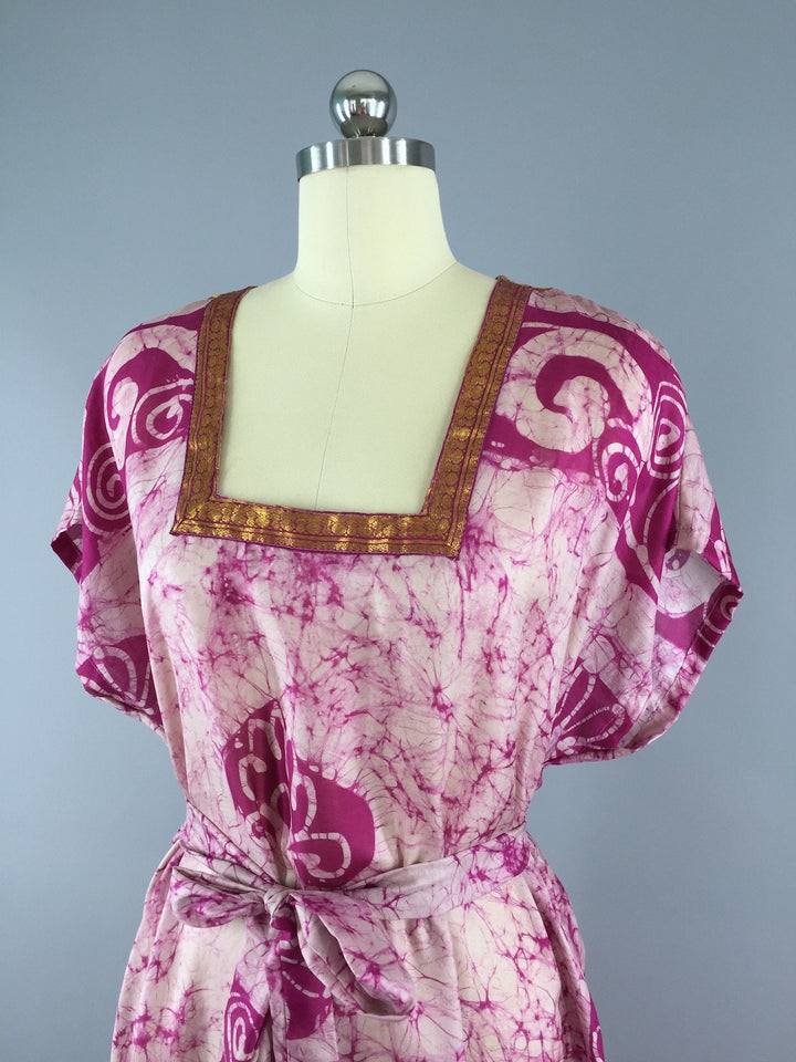 Silk Kaftan Dress / Vintage Indian Sari / Pink Batik Tie Dye - ThisBlueBird