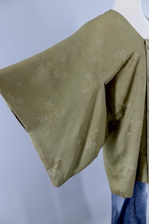 Silk Kimono Cardigan Jacket / Olive Army Green Michiyuki - ThisBlueBird
