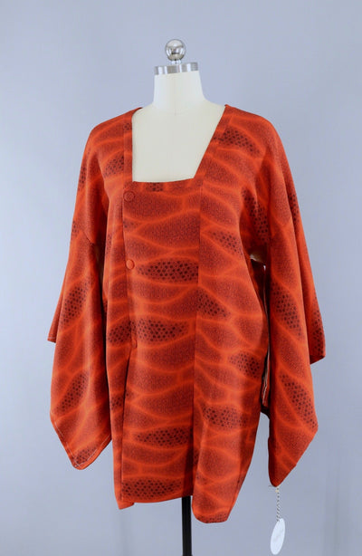 Silk Kimono Cardigan Jacket, Orange & Grey, Vintage Michiyuki Coat - ThisBlueBird