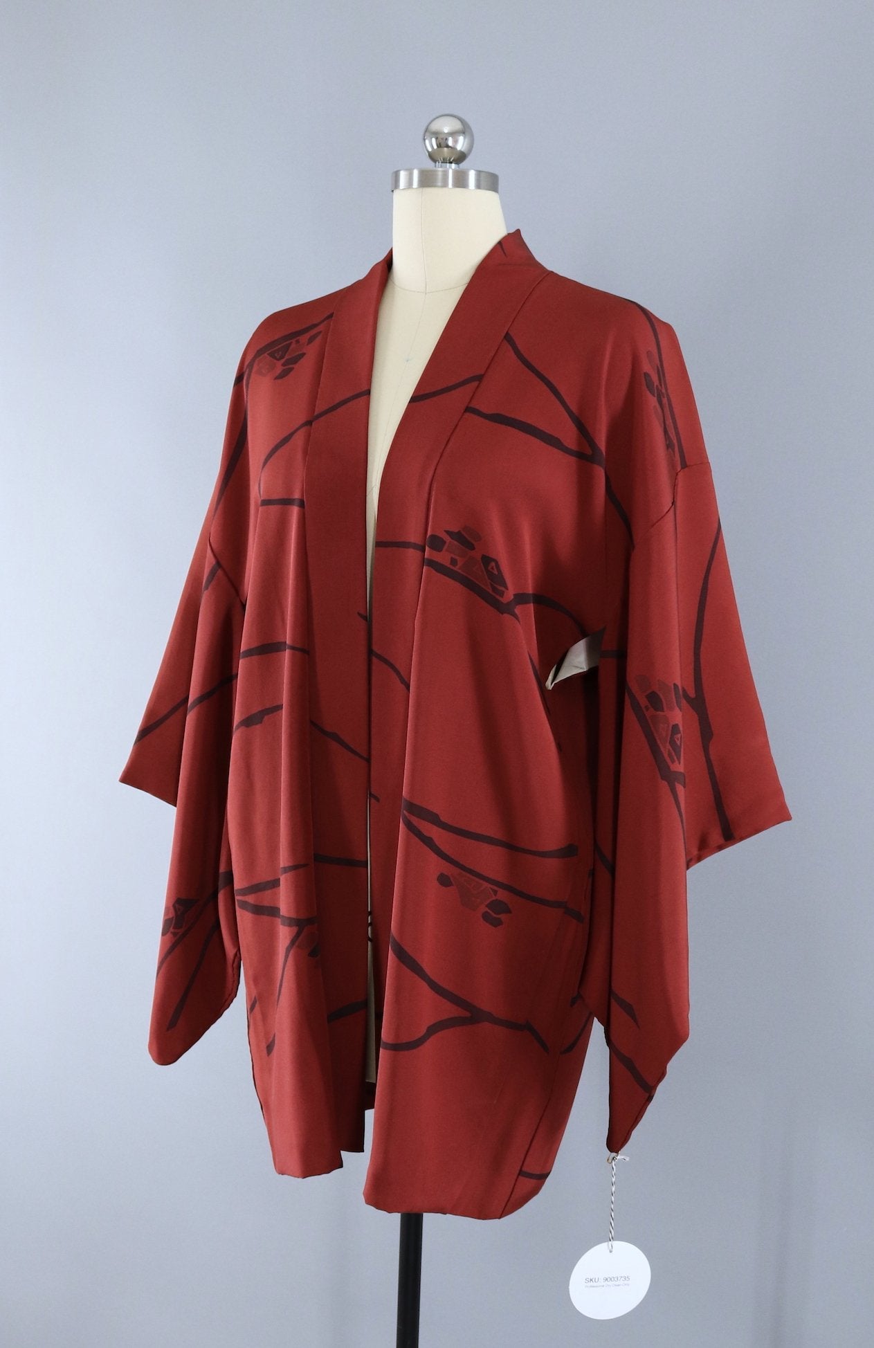 Silk Kimono Cardigan / Red Brown Houses and Trees - ThisBlueBird