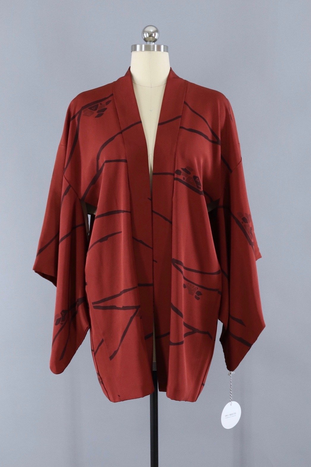 Silk Kimono Cardigan / Red Brown Houses and Trees - ThisBlueBird
