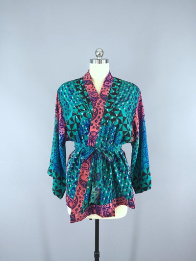 Silk Kimono Cardigan / Vintage Indian Sari / Aqua Blue Floral Block Print - ThisBlueBird