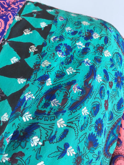 Silk Kimono Cardigan / Vintage Indian Sari / Aqua Blue Floral Block Print - ThisBlueBird