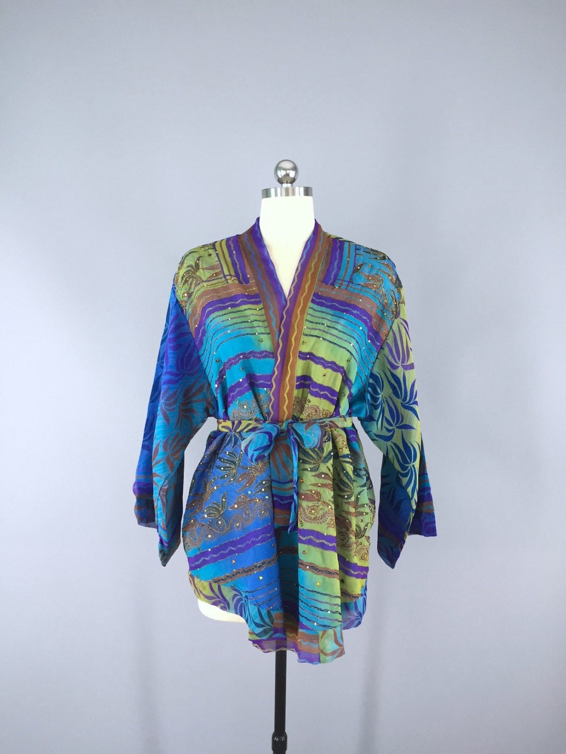 Silk Kimono Cardigan / Vintage Indian Sari / Aqua Blue Floral - ThisBlueBird