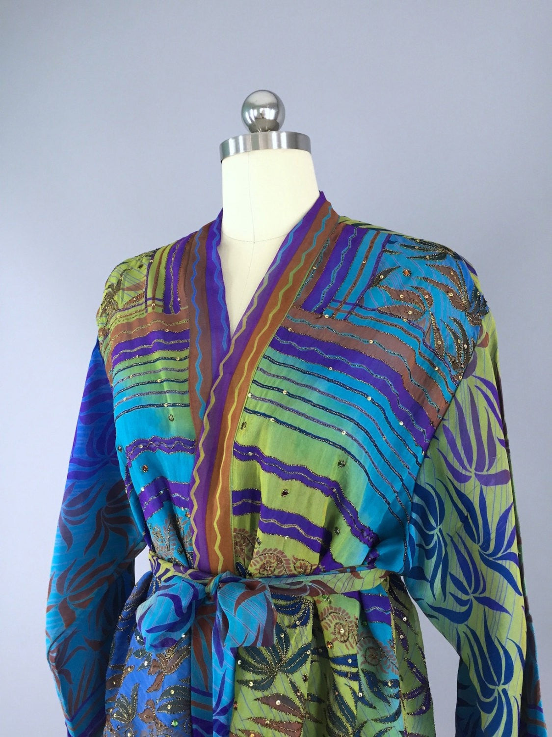 Silk Kimono Cardigan / Vintage Indian Sari / Aqua Blue Floral - ThisBlueBird