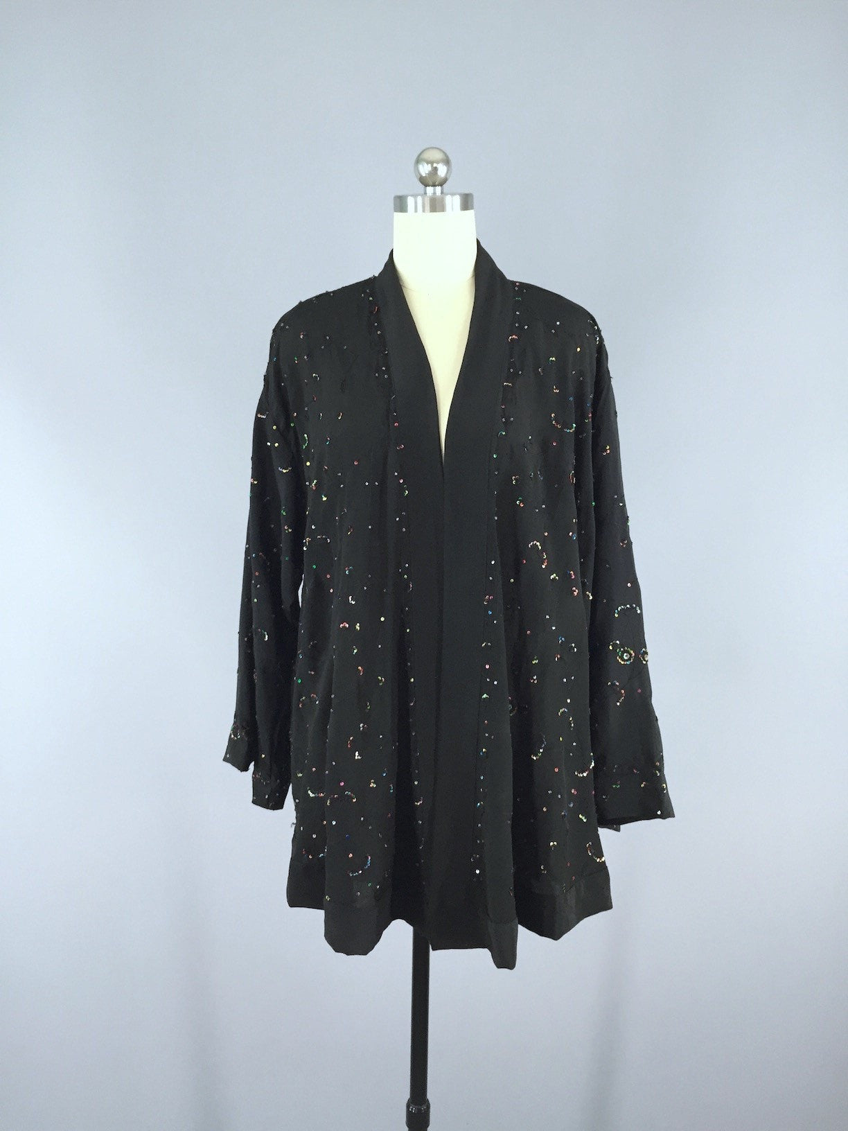 Silk Kimono Cardigan / Vintage Indian Sari / Black Beaded - ThisBlueBird