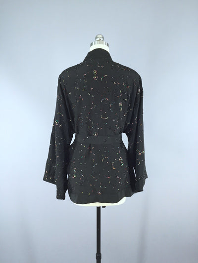 Silk Kimono Cardigan / Vintage Indian Sari / Black Beaded - ThisBlueBird