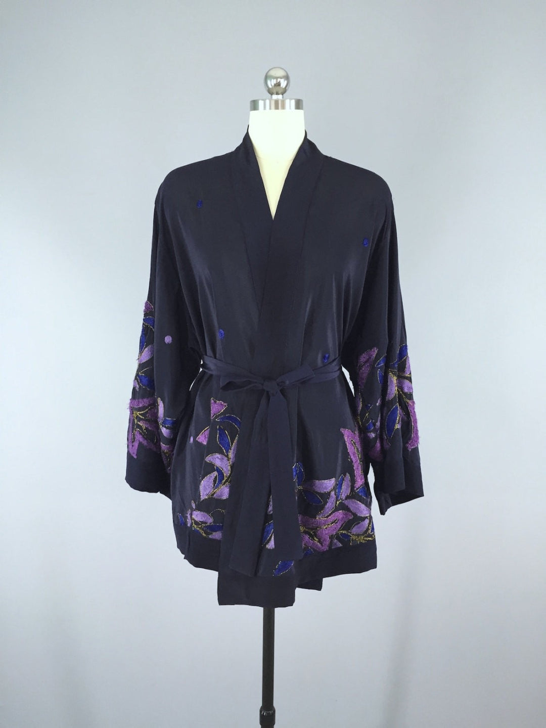 Silk Kimono Cardigan / Vintage Indian Sari / Blue Purple Embroidered Floral - ThisBlueBird