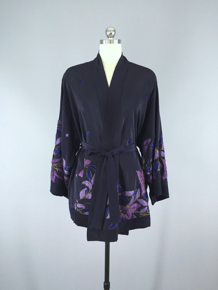 Silk Kimono Cardigan / Vintage Indian Sari / Blue Purple Embroidered Floral - ThisBlueBird