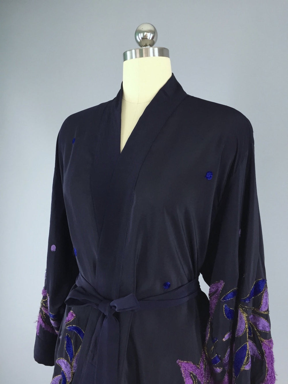 Silk Kimono Cardigan / Vintage Indian Sari / Blue Purple Embroidered Floral - ThisBlueBird