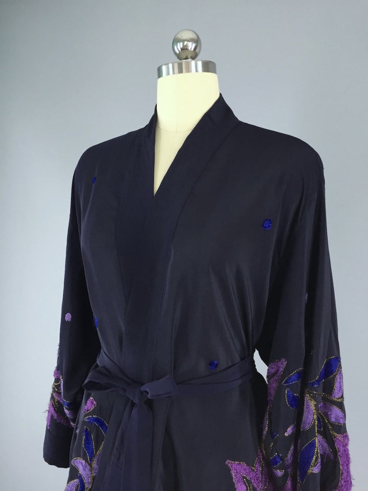 Silk Kimono Cardigan / Vintage Indian Sari / Blue Purple Embroidered Floral - ThisBlueBird