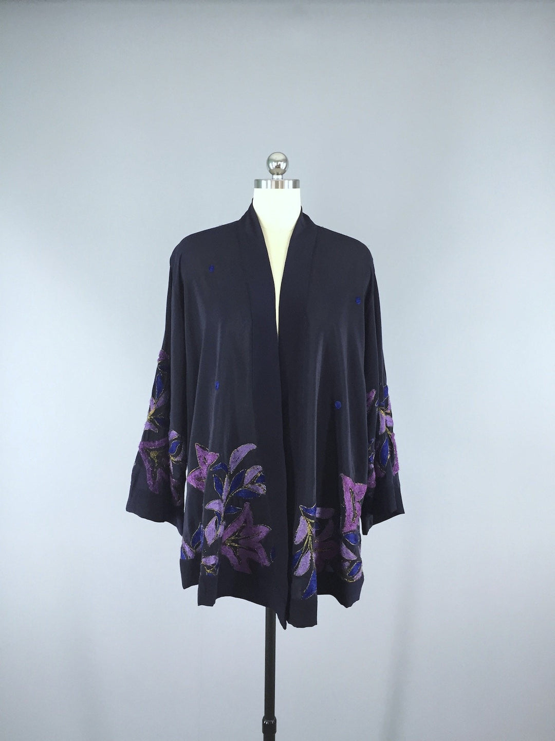 Silk Kimono Cardigan / Vintage Indian Sari / Blue Purple Embroidered Floral - ThisBlueBird