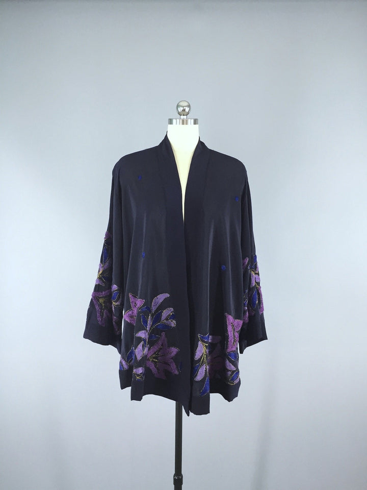 Silk Kimono Cardigan / Vintage Indian Sari / Blue Purple Embroidered Floral - ThisBlueBird