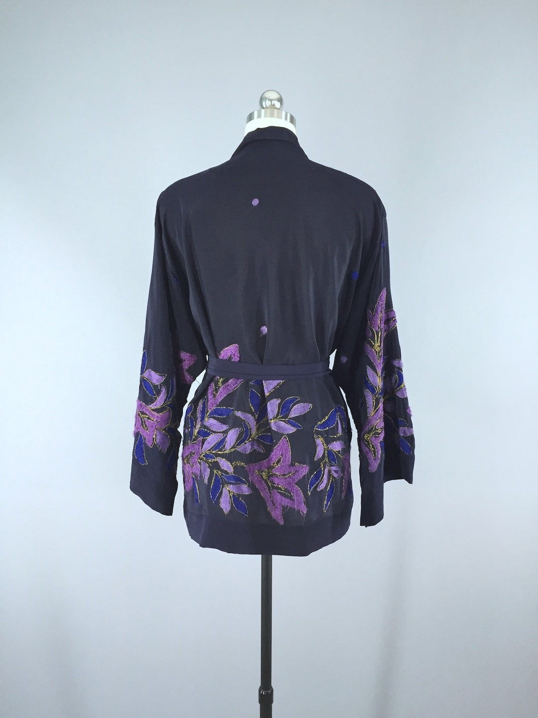 Silk Kimono Cardigan / Vintage Indian Sari / Blue Purple Embroidered Floral - ThisBlueBird