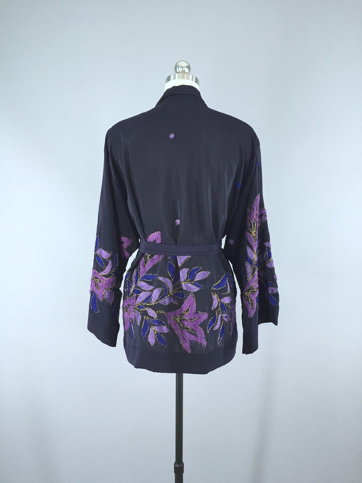 Silk Kimono Cardigan / Vintage Indian Sari / Blue Purple Embroidered Floral - ThisBlueBird