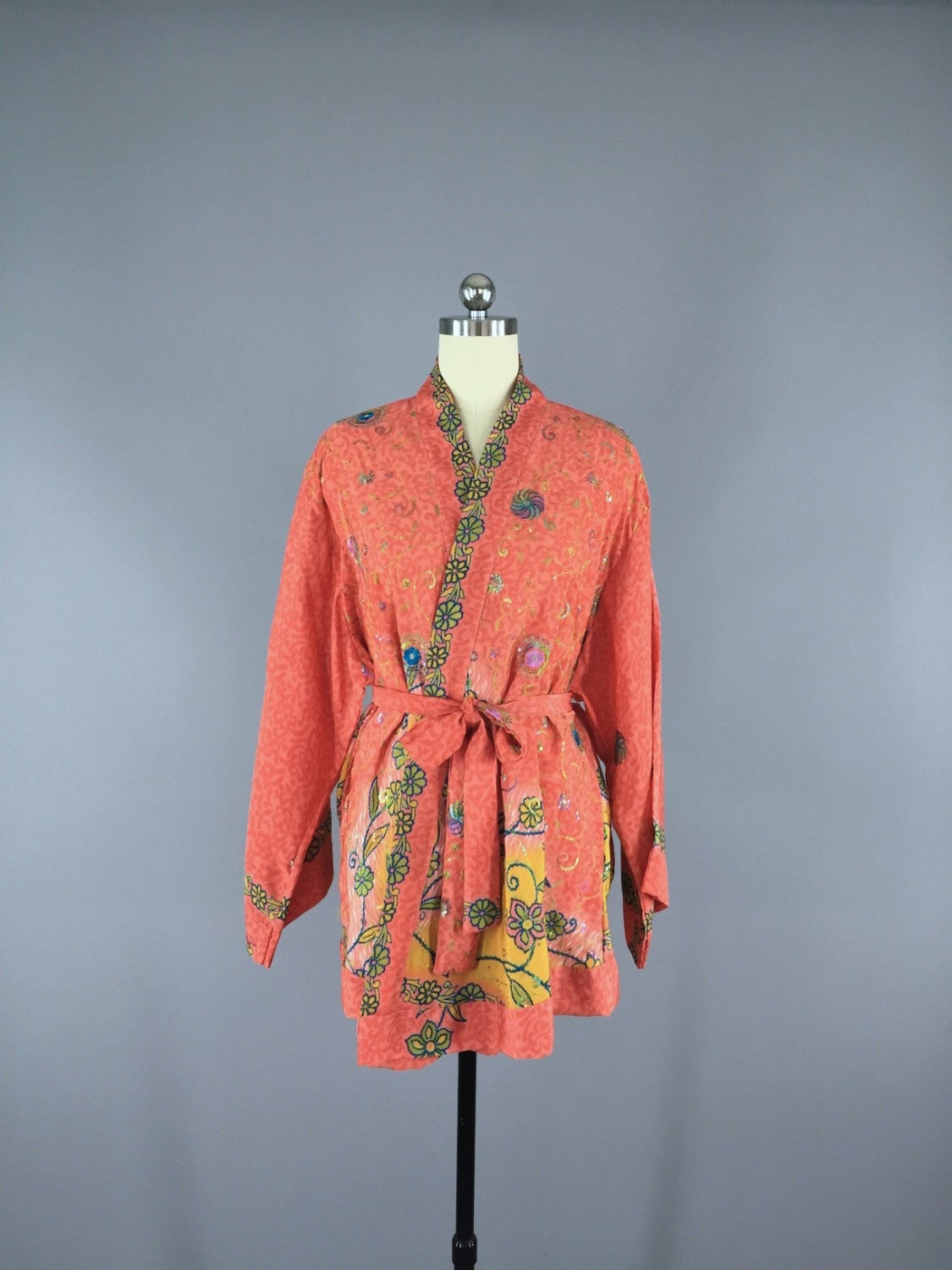 Silk Kimono Cardigan / Vintage Indian Sari / Bohemian Coral Yellow Floral - ThisBlueBird