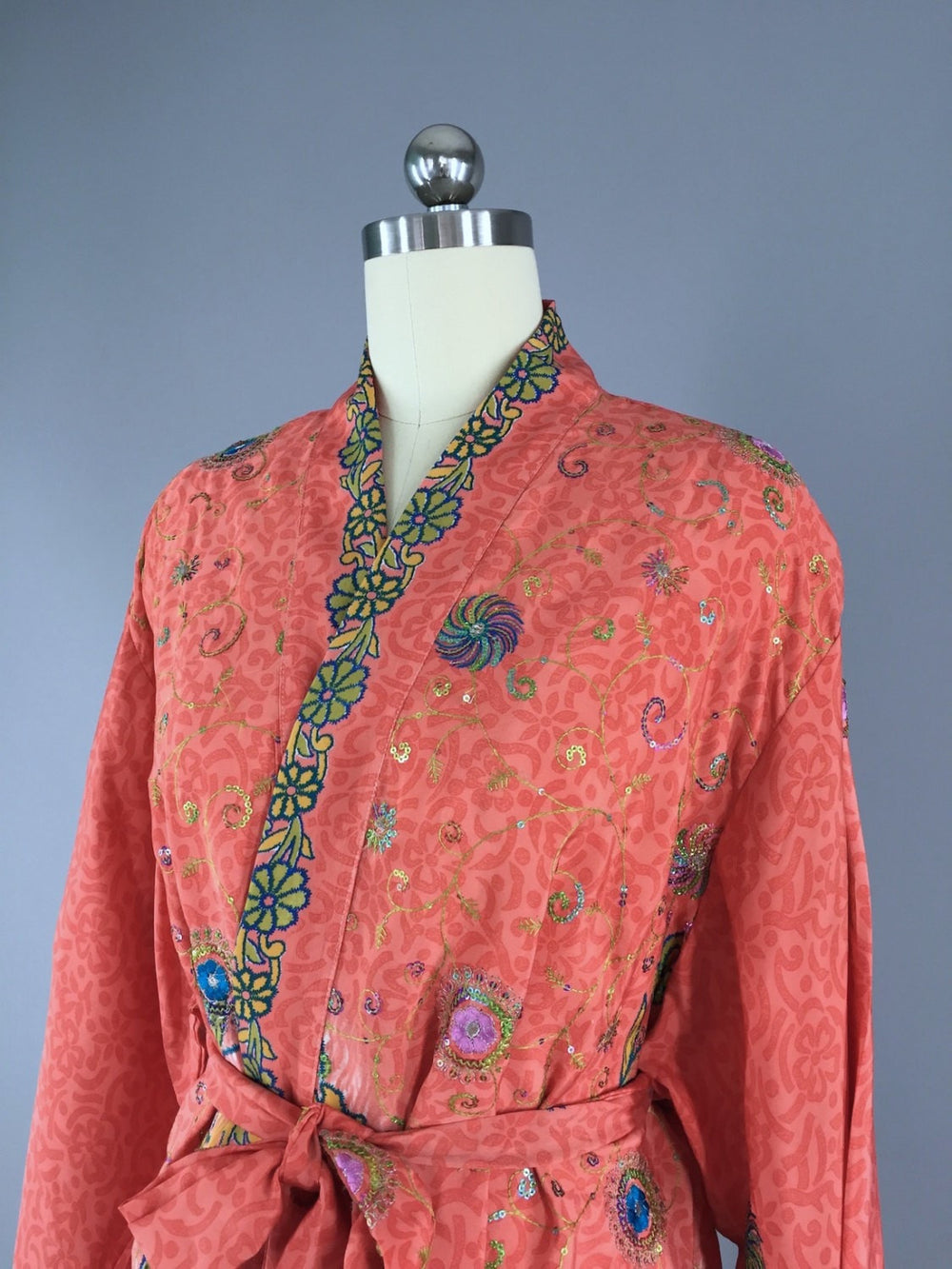 Silk Kimono Cardigan / Vintage Indian Sari / Bohemian Coral Yellow Floral - ThisBlueBird