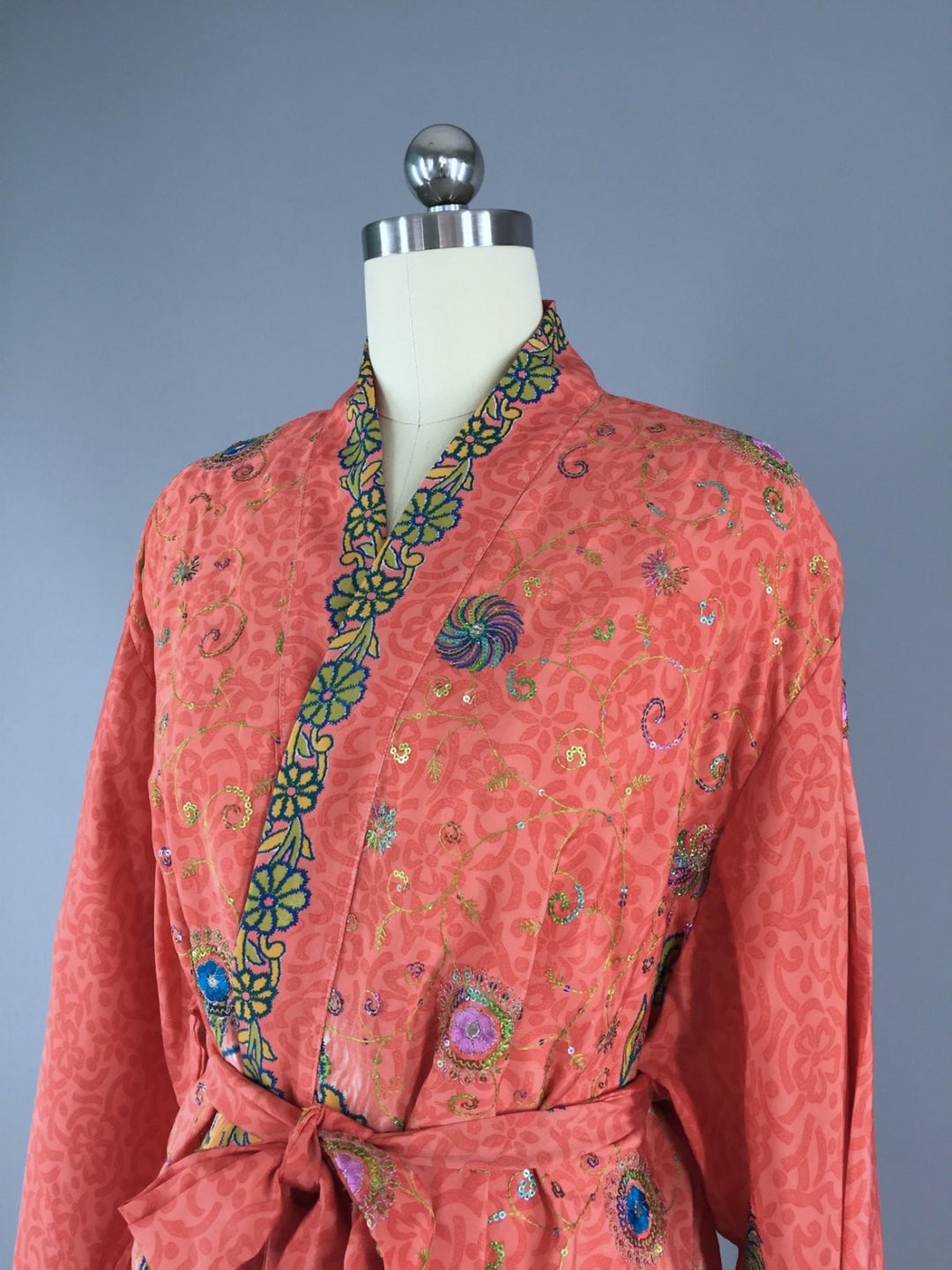 Silk Kimono Cardigan / Vintage Indian Sari / Bohemian Coral Yellow Floral - ThisBlueBird
