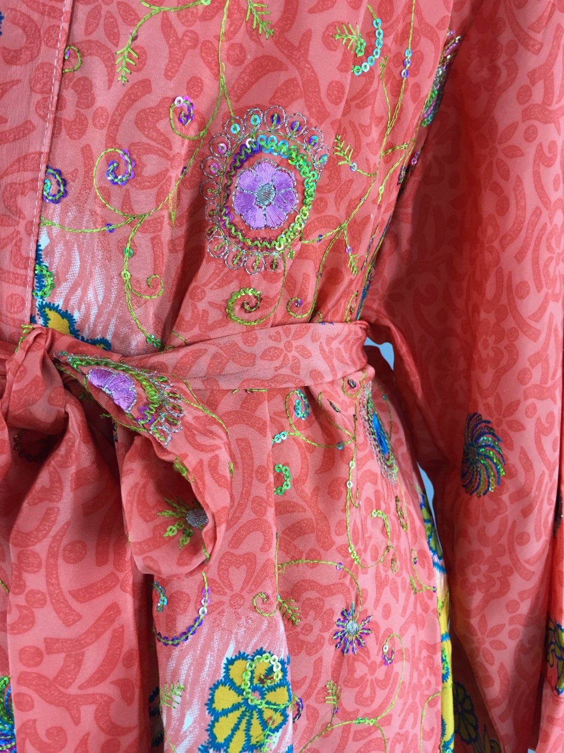 Silk Kimono Cardigan / Vintage Indian Sari / Bohemian Coral Yellow Floral - ThisBlueBird
