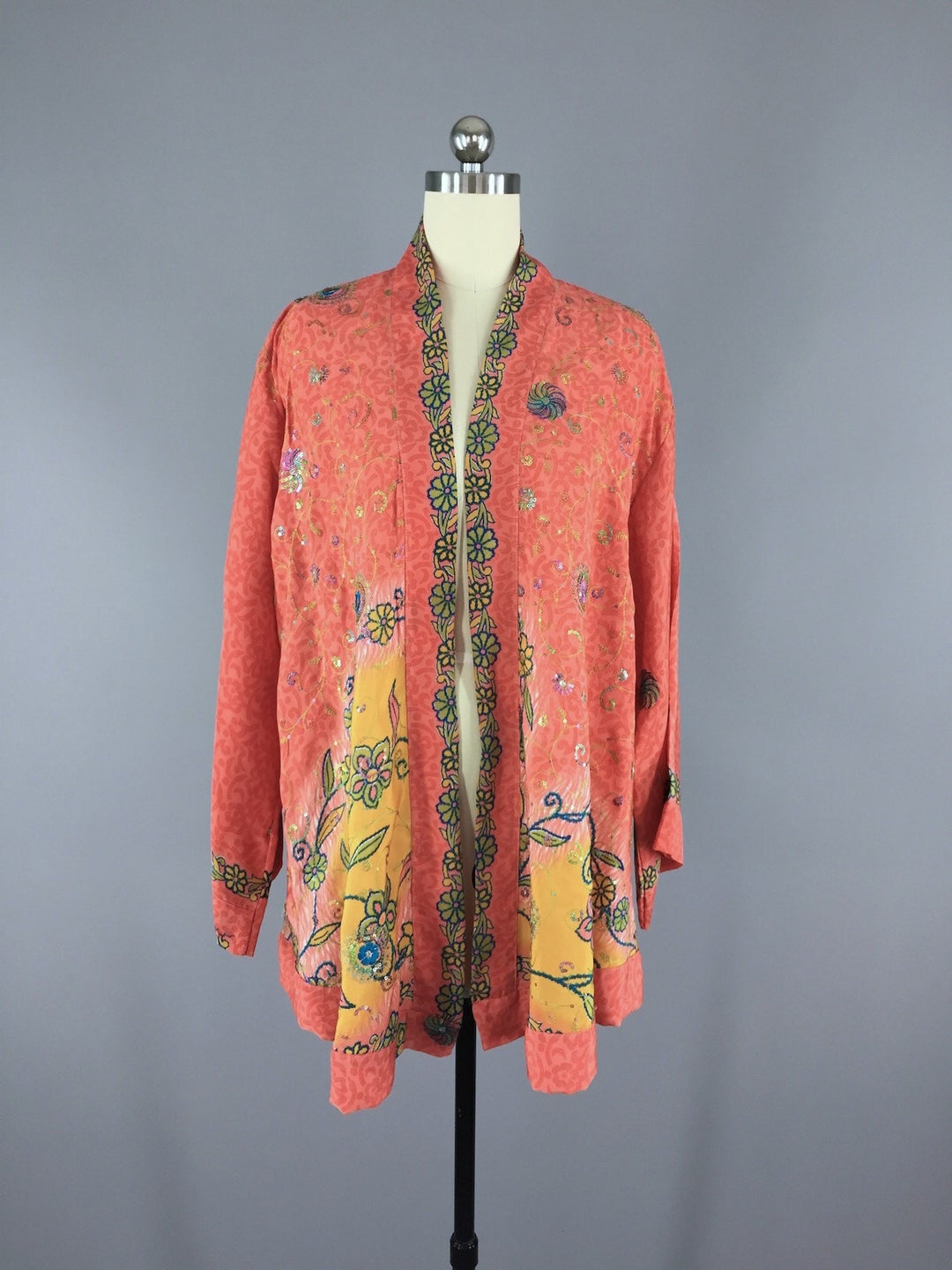 Silk Kimono Cardigan / Vintage Indian Sari / Bohemian Coral Yellow Floral - ThisBlueBird