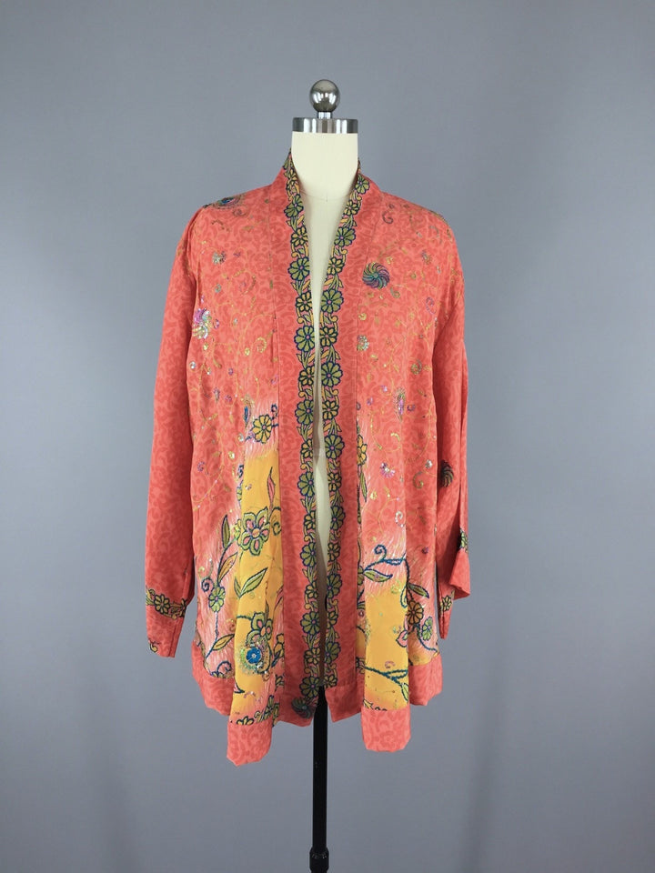 Silk Kimono Cardigan / Vintage Indian Sari / Bohemian Coral Yellow Floral - ThisBlueBird