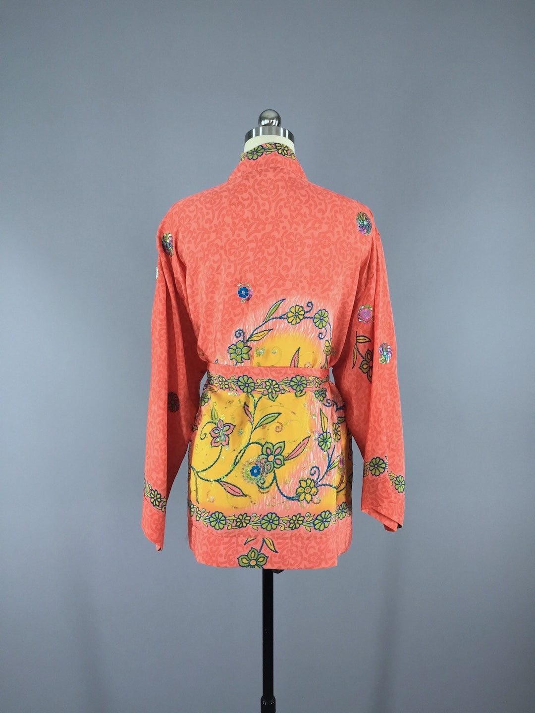 Silk Kimono Cardigan / Vintage Indian Sari / Bohemian Coral Yellow Floral - ThisBlueBird