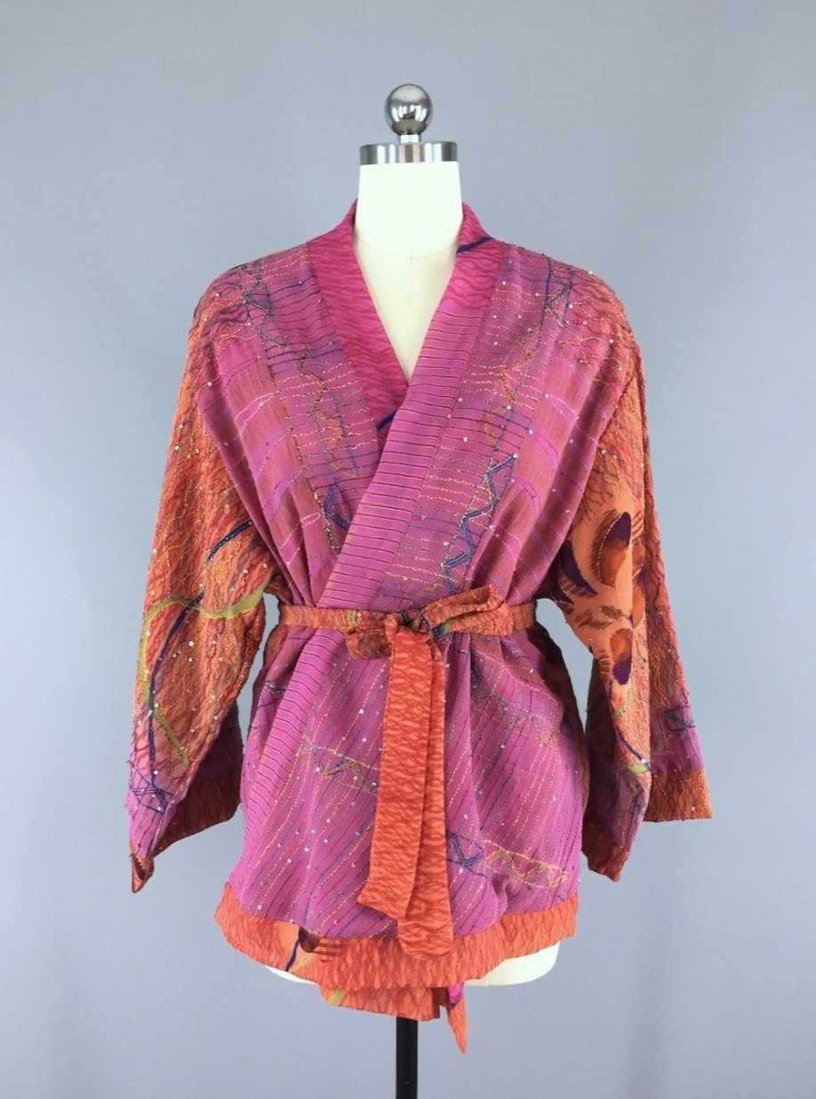 Silk Kimono Cardigan / Vintage Indian Sari / Bohemian Orange Pink Floral Embroidered - ThisBlueBird