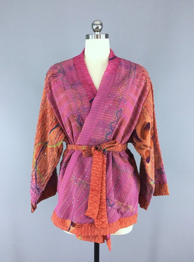 Silk Kimono Cardigan / Vintage Indian Sari / Bohemian Orange Pink Floral Embroidered - ThisBlueBird