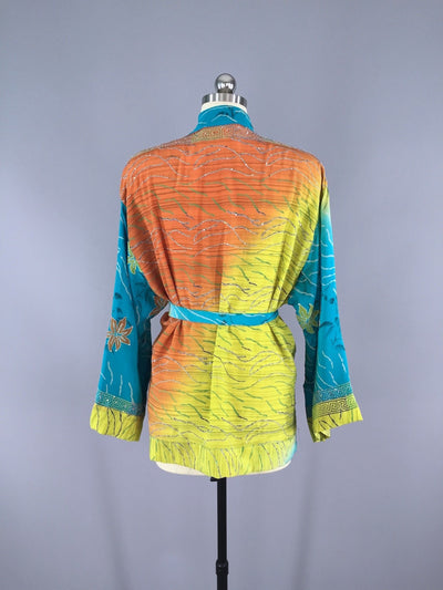 Silk Kimono Cardigan / Vintage Indian Sari / Brown & Turquoise Embroidered - ThisBlueBird