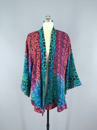 Silk Kimono Cardigan / Vintage Indian Sari / Coral Pink & Turquoise Floral - ThisBlueBird