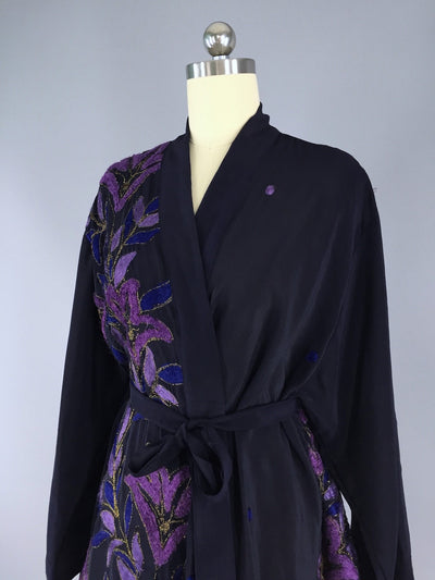 Silk Kimono Cardigan / Vintage Indian Sari / Navy Blue & Purple Embroidery - ThisBlueBird