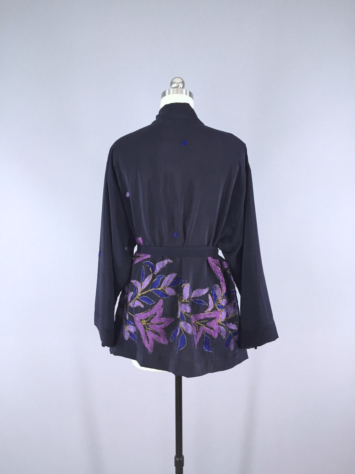 Silk Kimono Cardigan / Vintage Indian Sari / Navy Blue & Purple Embroidery - ThisBlueBird