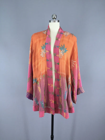 Silk Kimono Cardigan / Vintage Indian Sari / Orange & Pink Floral - ThisBlueBird