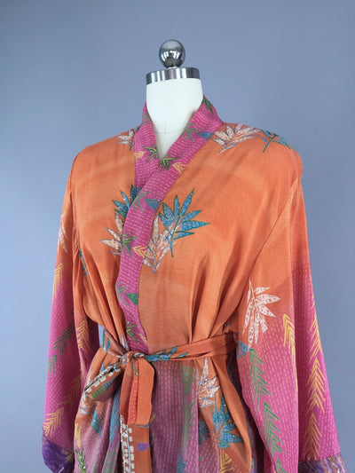 Silk Kimono Cardigan / Vintage Indian Sari / Orange & Pink Floral - ThisBlueBird