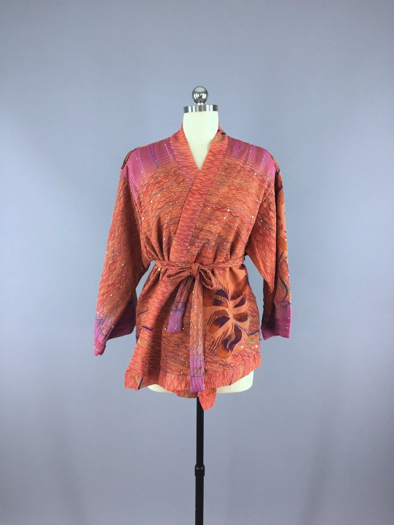 Silk Kimono Cardigan / Vintage Indian Sari / Orange & Purple Floral ...