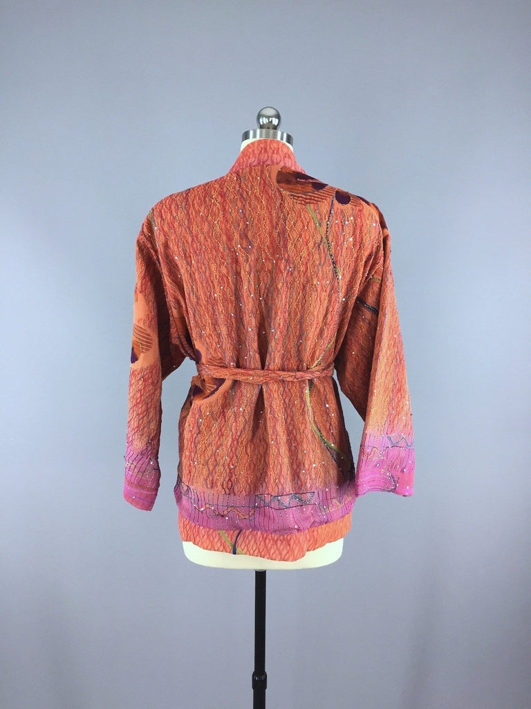 Silk Kimono Cardigan / Vintage Indian Sari / Orange & Purple Floral - ThisBlueBird