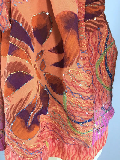 Silk Kimono Cardigan / Vintage Indian Sari / Orange & Purple Floral - ThisBlueBird