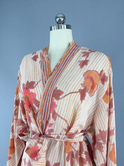 Silk Kimono Cardigan / Vintage Indian Sari / Orange Stripes Floral Print - ThisBlueBird
