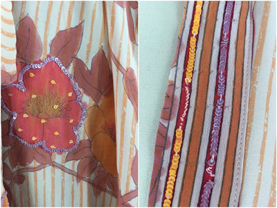 Silk Kimono Cardigan / Vintage Indian Sari / Orange Stripes Floral Print - ThisBlueBird