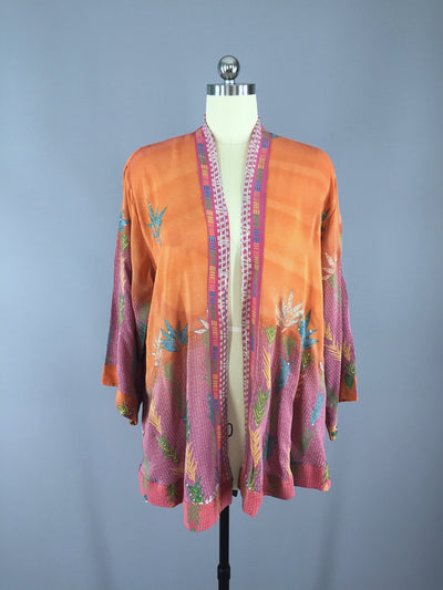 Silk Kimono Cardigan / Vintage Indian Sari / Pink Orange Floral - ThisBlueBird