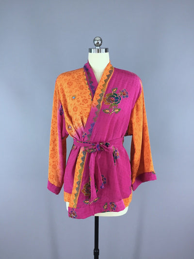 Silk Kimono Cardigan / Vintage Indian Sari / Pink Orange Rhinestones - ThisBlueBird