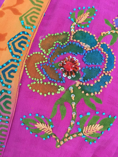 Silk Kimono Cardigan / Vintage Indian Sari / Pink Orange Rhinestones - ThisBlueBird