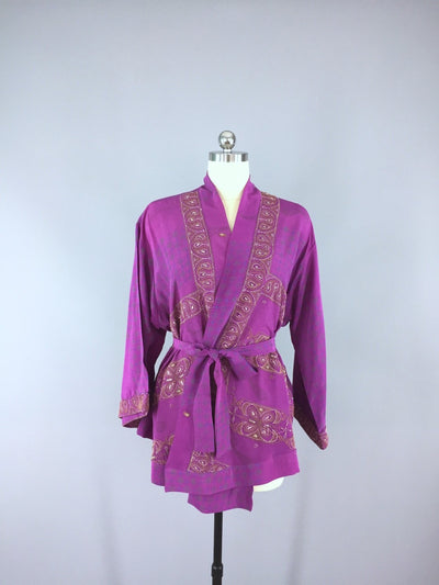Silk Kimono Cardigan / Vintage Indian Sari / Purple French Embroidered - ThisBlueBird
