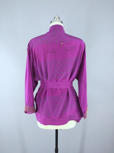 Silk Kimono Cardigan / Vintage Indian Sari / Purple French Embroidered - ThisBlueBird