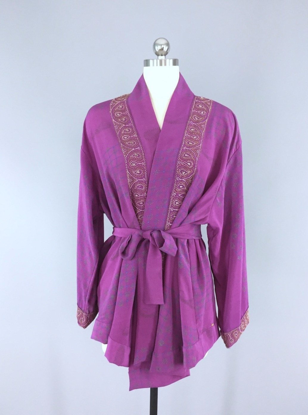 Silk Kimono Cardigan / Vintage Indian Sari / Purple French Knot Paisley - ThisBlueBird