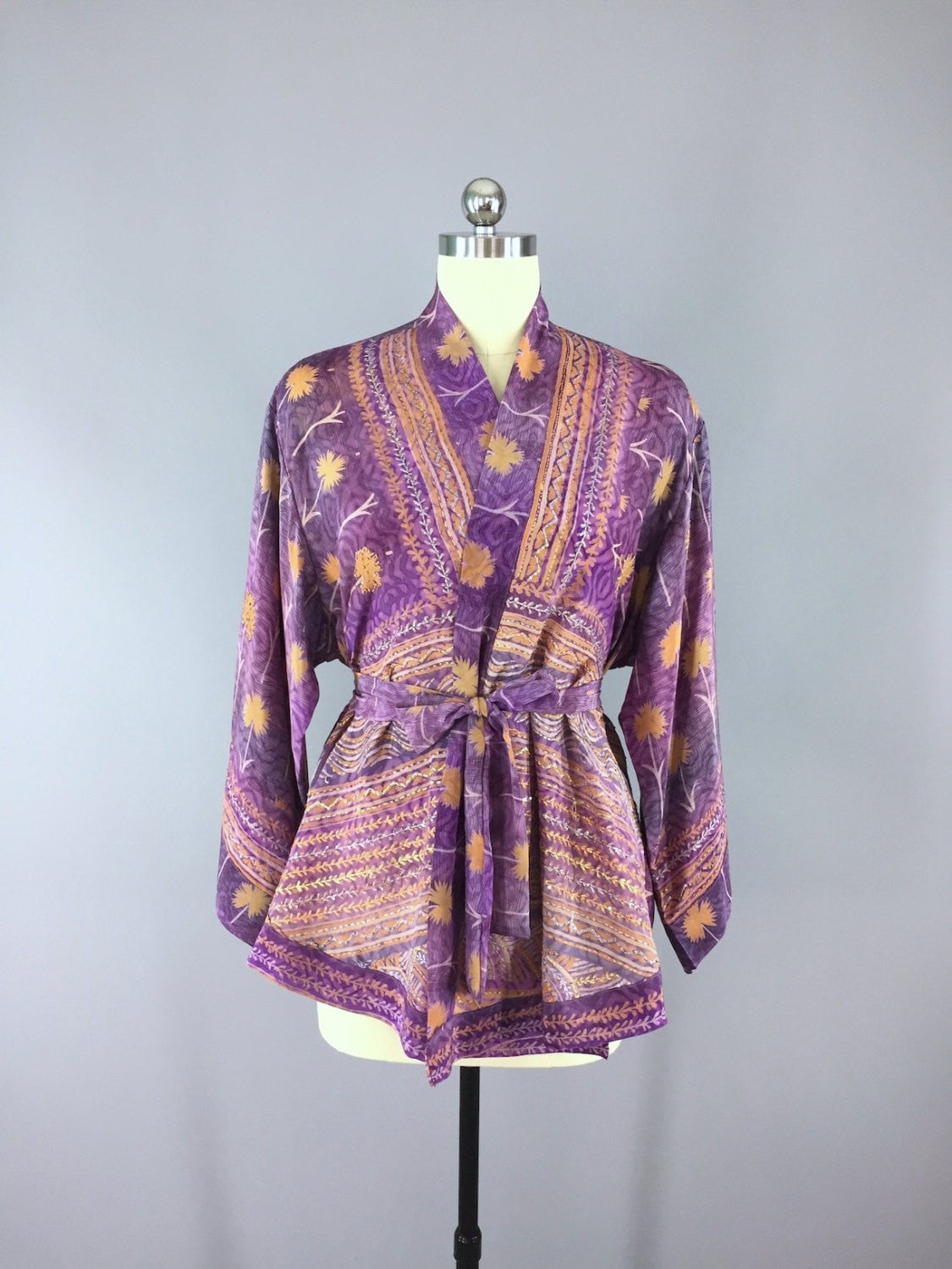 Silk Kimono Cardigan / Vintage Indian Sari / Purple Orange Floral Prin ...