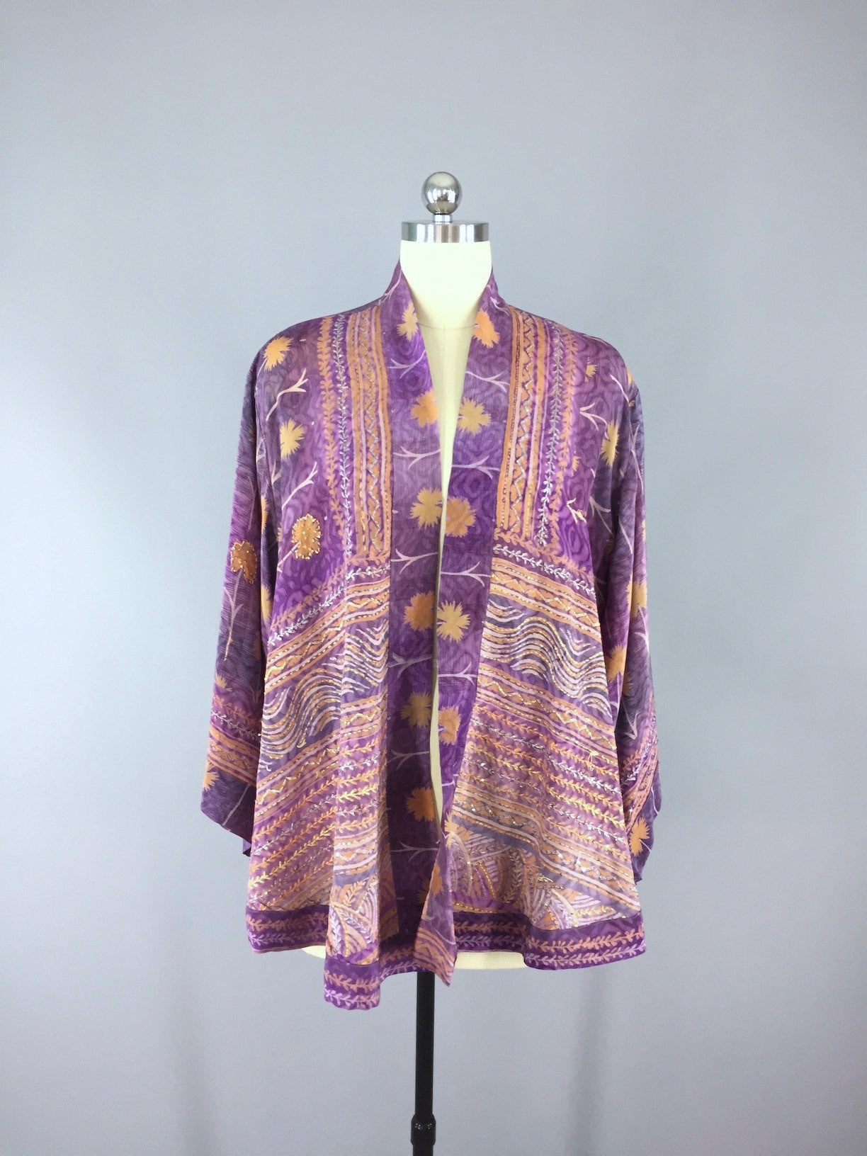 Silk Kimono Cardigan / Vintage Indian Sari / Purple Orange Floral Print - ThisBlueBird