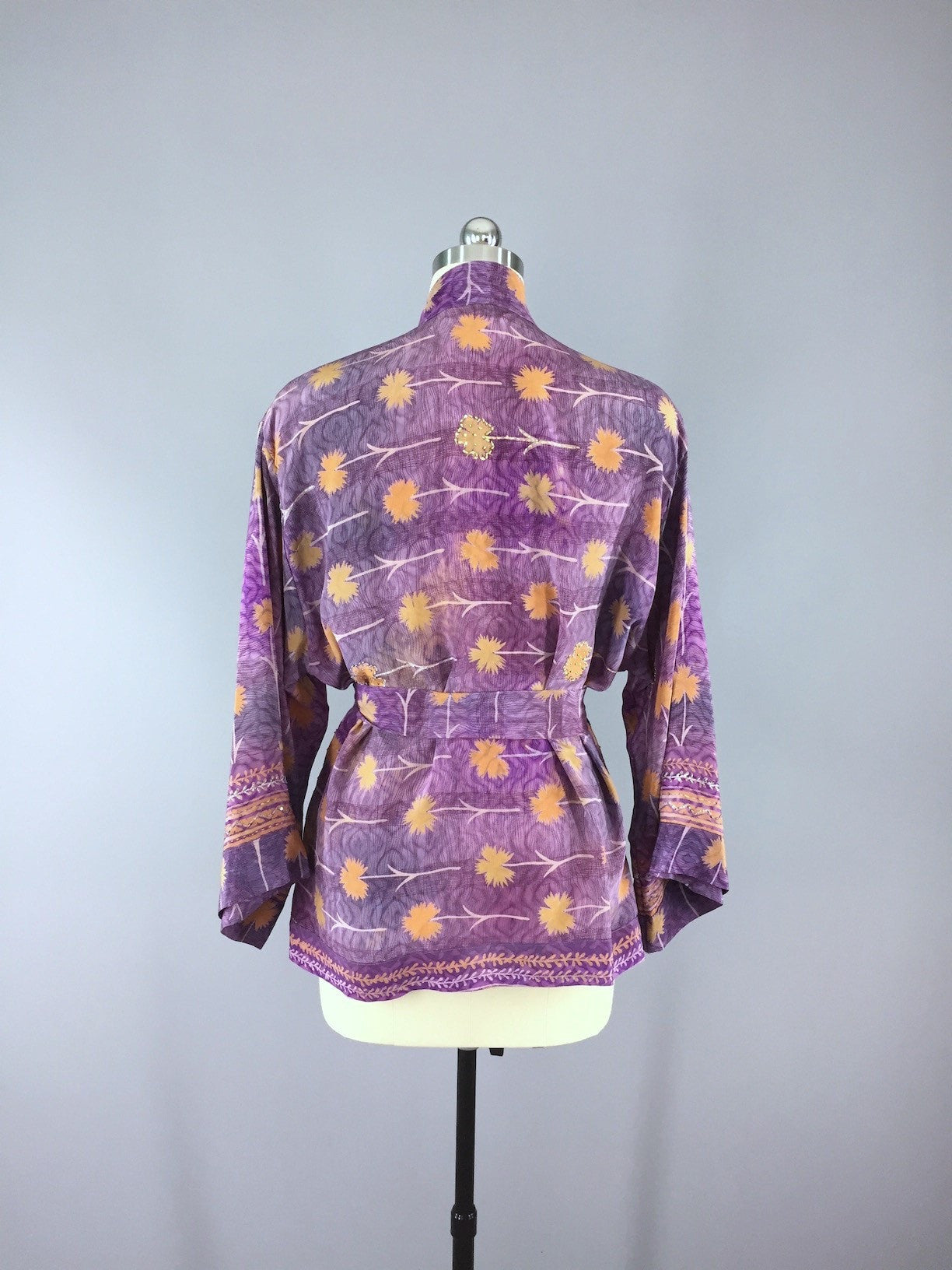 Silk Kimono Cardigan / Vintage Indian Sari / Purple Orange Floral Print - ThisBlueBird